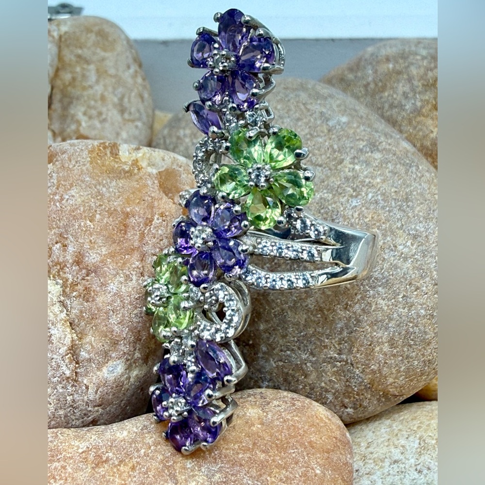 Amethyst Peridot Floral Cocktail Ring 5ctw Platinum SS Sz 6 NWT - Picture 4 of 16